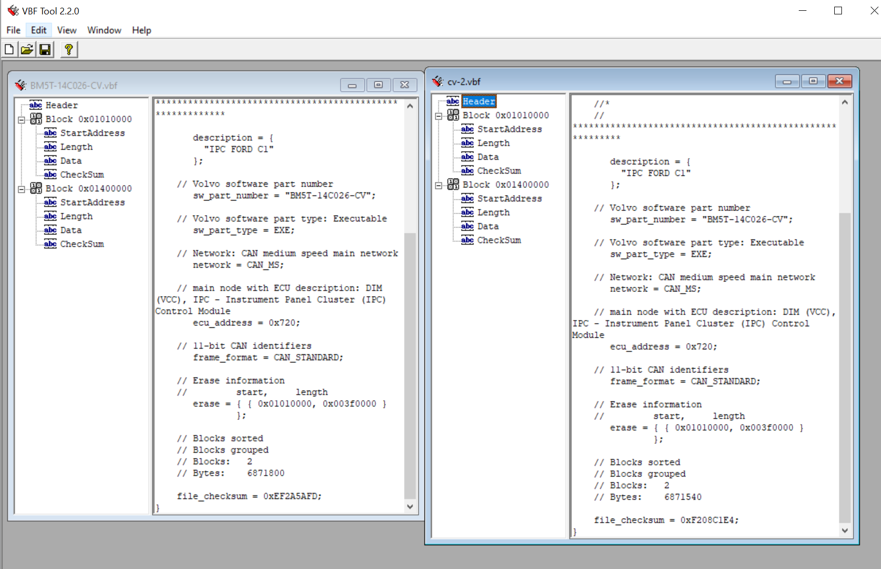 header of original and modified file
